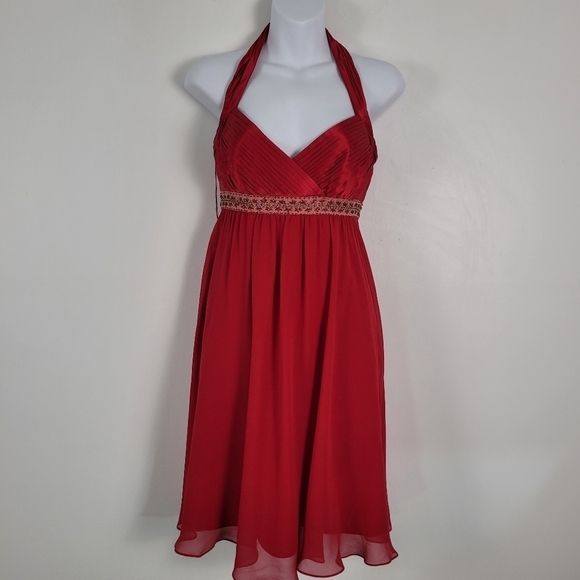 Adrianna Papell Scarlett Red Beaded Waist Pleated Bust Cocktail Dress - Picture 3 of 13